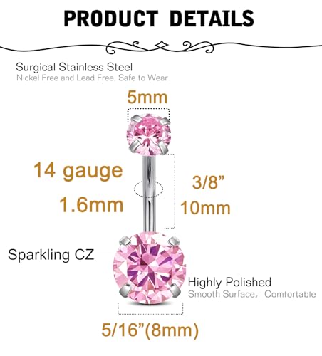QWALIT Belly Button Rings 14G Surgical Steel Belly Rings CZ Opal Navel Piercing Jewelry for Women Girls 3/8" 10mm Silver Rose Gold - color: A12-pink silver 3pcs