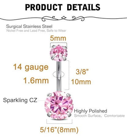 QWALIT Belly Button Rings 14G Surgical Steel Belly Rings CZ Opal Navel Piercing Jewelry for Women Girls 3/8" 10mm Silver Rose Gold - color: A12-pink silver 3pcs