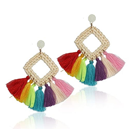 Bohemia Tassel Earrings Statement Handmade Dangle Ethnic Fringe Earrings Bamboo Weaving Geometric Square Sector Gifts for Women - color: single rainbow