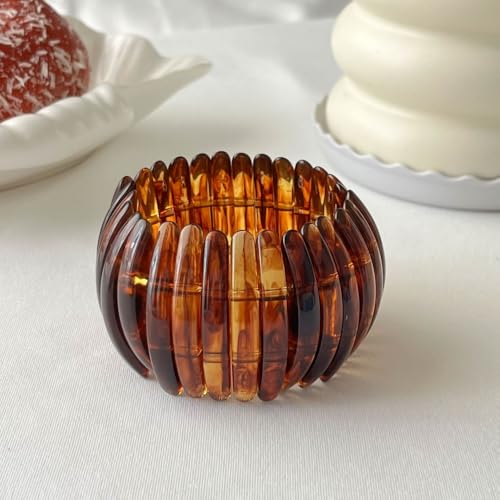 Boho Retro Acrylic Resin Stretch Bangle Bracelets Colorful Wide Chunky Irregular Geometric Tube Bead Wristband Statement Bracelet for Women Fashion Party Wedding Jewelry Gifts - color: Brown