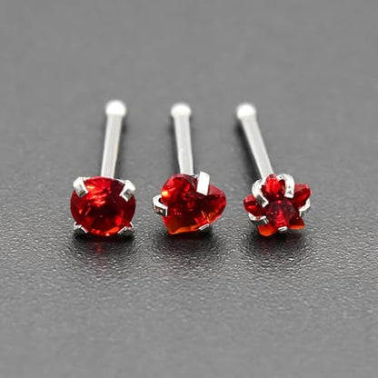6-Piece Nose Piercing Studs Set, 20G Stainless Steel Nose Studs, 3mm Crystal Heart Star Round Shapes, 0.8x7mm Bone - color: Red