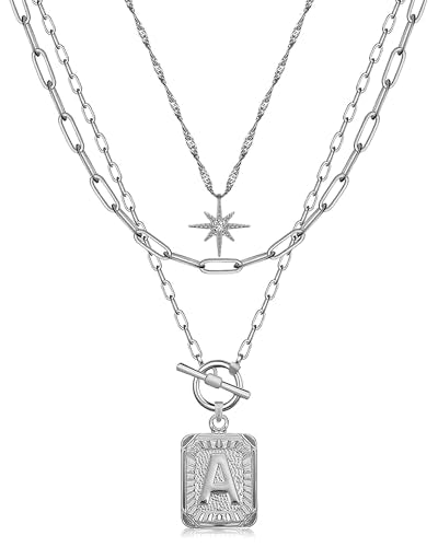 MJartoria Layered Initial Necklaces for Women | 14K Gold Plated Brass, Star Choker, Square Letter Pendant, Paperclip Chain - color: Silver, style: A.