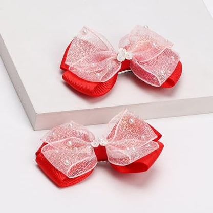 KISZU 4.5 Inch Flower Hair Bows Clips Mermaid Pearl HairPins for Girls Children Teens and Women - color: Red