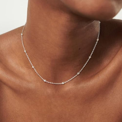 MEVECCO Dainty Choker Necklaces for Women, Beaded and Multi-Row Chains | 14K Gold Plated Brass, Select Silver Plated Brass Options, Polished And Textured Profiles For Everyday Styling - style: Beaded SLiver