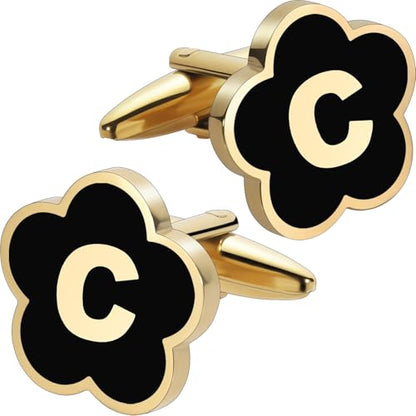 Initial Cufflinks for Mens,Personalized Black Glod Pated Letter Shirts CuffLinks,Stainless Steel Cuff Links, Business Wedding Gift A-Z - style: Letter C