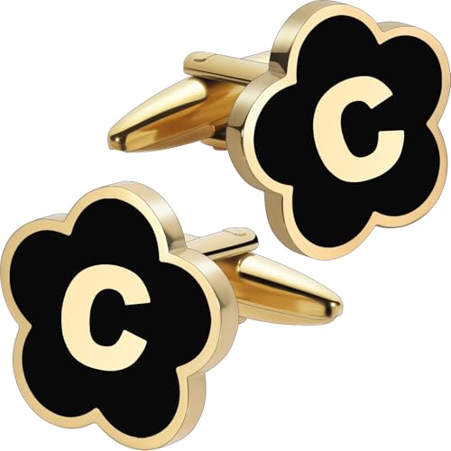 Initial Cufflinks for Mens,Personalized Black Glod Pated Letter Shirts CuffLinks,Stainless Steel Cuff Links, Business Wedding Gift A-Z - style: Letter C