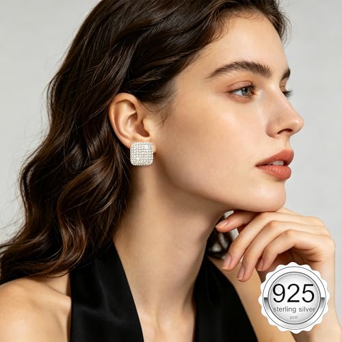 18K Gold Plated Chunky Square & Round Cubic Zirconia Stud Earrings for Women, Hypoallergenic 925 Silver Post Simulated Diamond Wedding Prom Party Bridesmaid Daily Fine Jewelry Gift for Mom Wife Friend - color: EA355-Square-Silver
