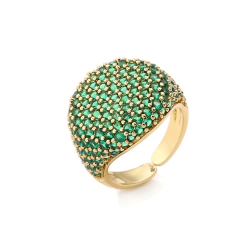 Luxury Dome Cubic Zirconia Adjustable Open Statement Ring for Women Men Gold-Tone Dainty Sparkly Crystal Colorful Rhinestone Geometry Statement Stacking Finger Band Wedding Party Fashion Jewelry - color: Green