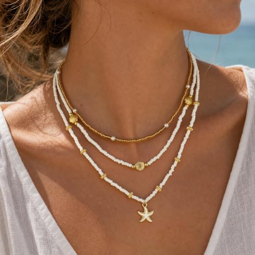 Hothty Layered Shell Starfish Necklaces for Women,Dainty Waterproof Boho Charm Pendant Necklace Seashell Pearl Beach Necklaces Set Jewelry Gifts - color: Starfish Necklace-295
