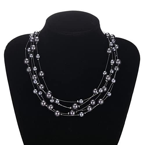 FULU AUTUMN Layered Pearl Necklace Multi-strand Pearl Choker Necklaces for Women Beaded jewelry for Wedding Parties - color: Dark grey