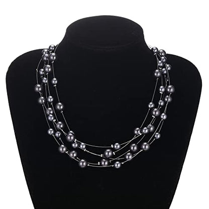 FULU AUTUMN Layered Pearl Necklace Multi-strand Pearl Choker Necklaces for Women Beaded jewelry for Wedding Parties - color: Dark grey
