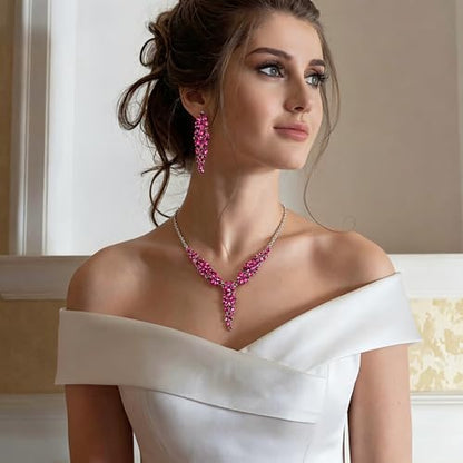 EleQueen Statement Sparkle Crystal Necklace Bracelet Dangle Earrings Set for Women, Art Deco Prom Chandelier Jewelry for Wedding Bridal - color: Hot Pink-Silver-Plated-Base