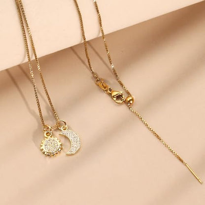 Double Pendant Necklace for Women 18k Gold Plated Necklace Cubic Zirconia Dainty Gold Necklaces for Women - style: Sun and Moon