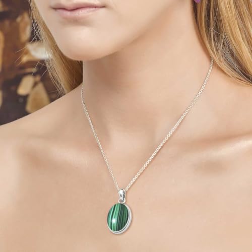Chunky Natural Gemstone Pendant Necklace For Women Onyx, Turquoise, Amber, Garnet Oval Boho Genuine 925 Sterling Silver Handmade Jewelry - color: Malachite