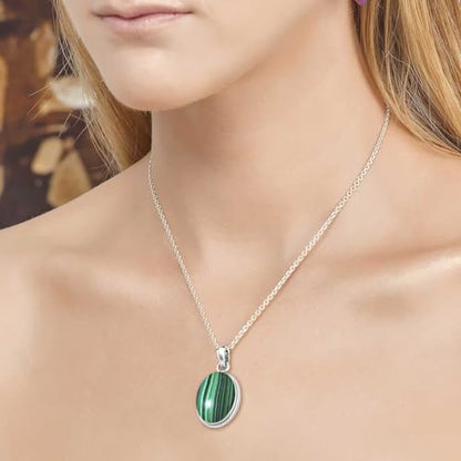 Chunky Natural Gemstone Pendant Necklace For Women Onyx, Turquoise, Amber, Garnet Oval Boho Genuine 925 Sterling Silver Handmade Jewelry - color: Malachite