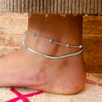 Waterproof Ankle Bracelets for Women Gold Anklets Non Tarnish Pearl/Figaro/Cuban/Snake Chain Anklet Adjustable Anklets for Womens Summer Beach Anklet Foot Jewelry for Women Gift - color: Beaded-Silver