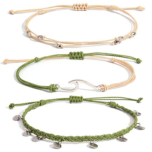 Waterproof String Anklets Cute Beaded Ankle Bracelets Beach Wave Anklet Stainless Steel Coin Boho Ankle Jewelry for Women - color: Olive