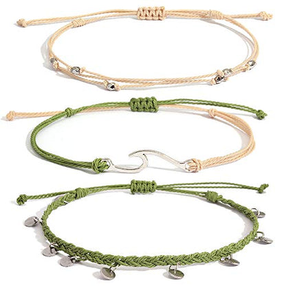 Waterproof String Anklets Cute Beaded Ankle Bracelets Beach Wave Anklet Stainless Steel Coin Boho Ankle Jewelry for Women - color: Olive