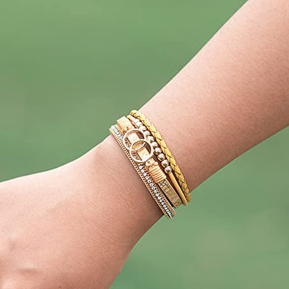 Chunky Boho Leather Wrap Bracelets Cowgirl Beaded Circle Western Jewelry | Stackable Infinity Layered Bohemian Magnetic Clasp Cuff Statement Fashion Colorful Country Hippie Outfits for Women Trendy - color: Yellow