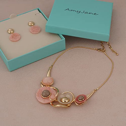 AMYJANE Vintage Statement Jewelry Set - Spring Leaf Flower Floral Plant Necklace Earring Set Crystal Rhinestone Fashion Costume Jewelry for Women Prom Party Unique Gift - style: ML Geometric Round Jewelry Set-Pink
