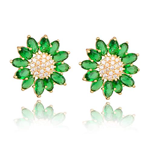 Crystal Flower Burst Stud Earirings - Big Sterling Silver CZ Cubic Zirconia Rhinestone Daisy Sunflower Floral Cluster Studs Bridal Wedding Party Prom Costume Jewelry for Bride Bridesmaids Women Birthstone Birthday Gift - color: Green