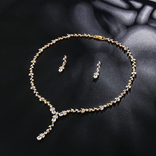 Bridal Wedding Jewelry CZ Set Marquise Teardrop Cubic Zirconia Pendant Necklace and Dangle Earring Bracelet Sets for Women - color: Gold tone - 01