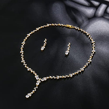 Bridal Wedding Jewelry CZ Set Marquise Teardrop Cubic Zirconia Pendant Necklace and Dangle Earring Bracelet Sets for Women - color: Gold tone - 01