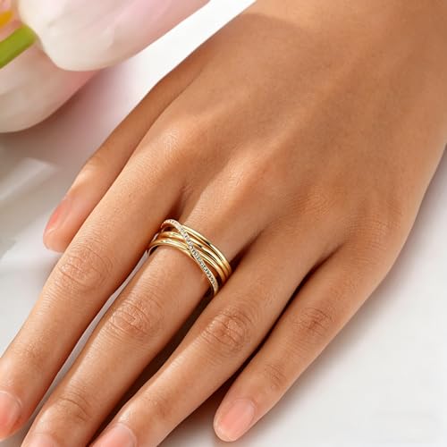 Hapour 925 Sterling Silver Rings for Women Firefly Ring, Glow in the Dark | Sun Moon Star Band Ring Rainbow Evil Eye Chunky Heart Thumb Pinky Stackable Dainty Ring, 14K Gold Plated, Cubic Zirconia - color: Gold Layered Intertwined, size: 6
