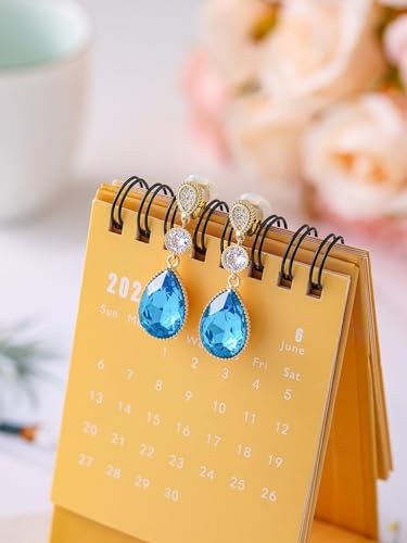 Clip On 18 * 13MM Big Crystal Dangle Non Pierced Earrings for Women 14K Gold Plated Jewelry - color: Jul-Ruby-Rose Gold Plated