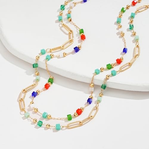 MTMY Beaded Necklaces for Women 14K Gold Plated Dainty Colorful Green/Rose Beaded Pearl Choker Necklace Delicate Boho Choker Necklace Jewelry Gift - style: Layer-mix color