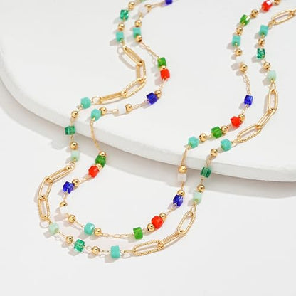 MTMY Beaded Necklaces for Women 14K Gold Plated Dainty Colorful Green/Rose Beaded Pearl Choker Necklace Delicate Boho Choker Necklace Jewelry Gift - style: Layer-mix color