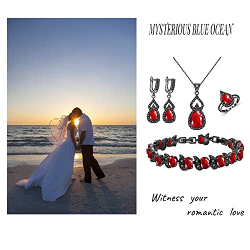 LMXXVJ Women Jewelry Set Platinum Plated Necklace Open Ring Earrings Bracelet Set,Birthday/Anniversary Mother’s Day Jewelry Gifts for Mom/Wife/Sister/Best Friend - color: Black Gun-Ruby Red