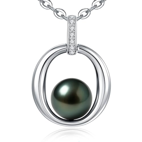 Genuine Tahitian Black Pearl Necklace for Women, 9-11mm AAAA Seawater Pearl with Sterling Silver Moissanite Pendant, Jewelry Gift for Wife, Mom, Girlfriend, Wedding Anniversary, Birthday, Christmas - size: 9-10mm, style: Halo Embrace