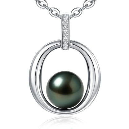 Genuine Tahitian Black Pearl Necklace for Women, 9-11mm AAAA Seawater Pearl with Sterling Silver Moissanite Pendant, Jewelry Gift for Wife, Mom, Girlfriend, Wedding Anniversary, Birthday, Christmas - size: 9-10mm, style: Halo Embrace