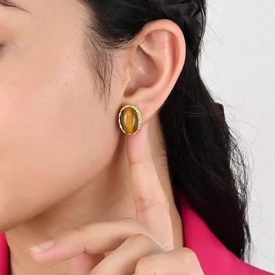 Gempires Bold Oval Gemstone Stud Earrings for Women – Natural Healing Stone Jewelry 14K Gold-Plated Hypoallergenic Tarnish-Resistant – Bold Statement Studs Gift for Her - style: Tiger Eye