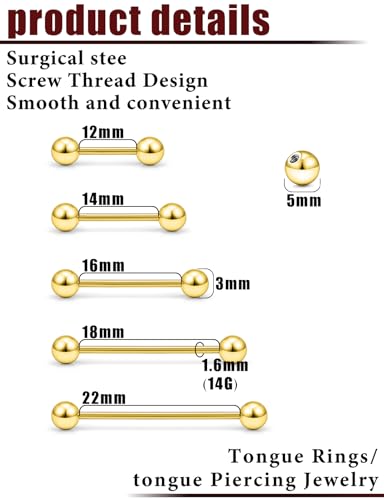 Prjndjw 14G Surgical Stainless Steel Tongue Rings Set 12/14/16/18/22mm 5mm Round Ball Tongue Barbells Nipple Rings with Removal Tool for Women Men 21 Pieces - color: Gold-plated 12/14/16/18/22 Barbell Piercing Jewelry