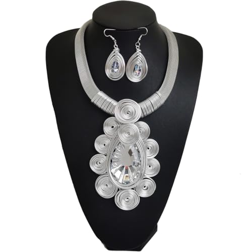 African Jewelry Sets Statement Big Crystal Pendent Necklace Earrings Set For Women Handmade Bib Collar Costume Tribal Fashion Accessories - color: KDLUN5305 Silver