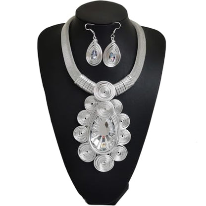 African Jewelry Sets Statement Big Crystal Pendent Necklace Earrings Set For Women Handmade Bib Collar Costume Tribal Fashion Accessories - color: KDLUN5305 Silver
