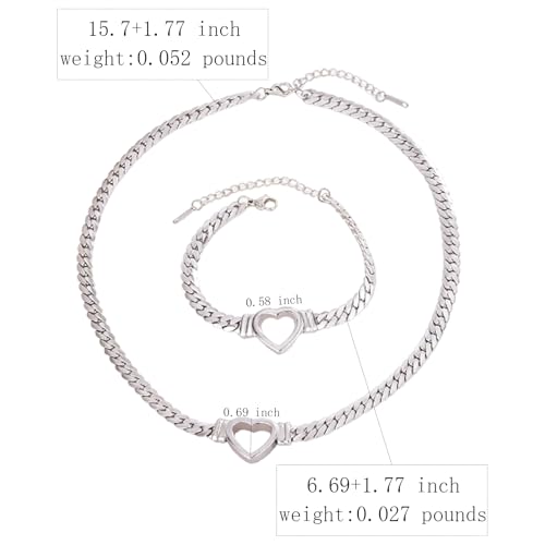 Chunky Flat Curb Chain Necklace and Bracelet Set, Gold/Silvery Stainless Steel Hollow Heart Pendant Jewelry for Women, Valentines Wedding Gift - color: Silvery