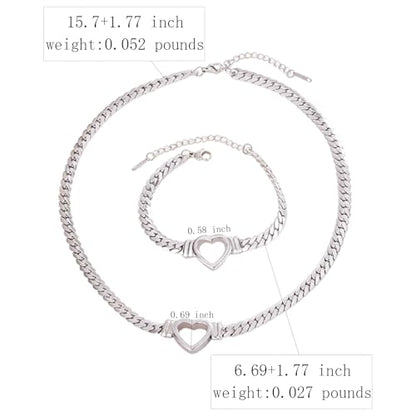 Chunky Flat Curb Chain Necklace and Bracelet Set, Gold/Silvery Stainless Steel Hollow Heart Pendant Jewelry for Women, Valentines Wedding Gift - color: Silvery