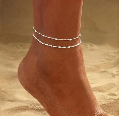 Gold Ankle Bracelets for women,14k Gold/Silver Plated Waterproof Layered lightweight Bow Beaded Twisted Chain Cross Butterfly Satellite Ankle Bracelets Set Gold Anklets for women Trendy Summer Beach Jewelry Gift for Women - style: 2 anklets twisted satell
