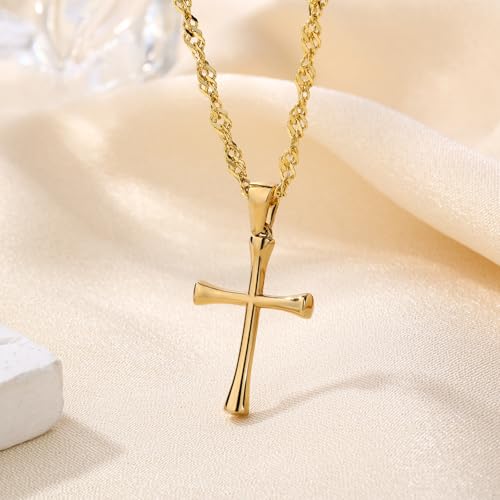 Small Cross Pendant Necklace for Women, 18" + 2" Wave Chain Stainless Steel - color: Gold
