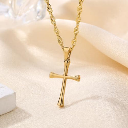 Small Cross Pendant Necklace for Women, 18" + 2" Wave Chain Stainless Steel - color: Gold