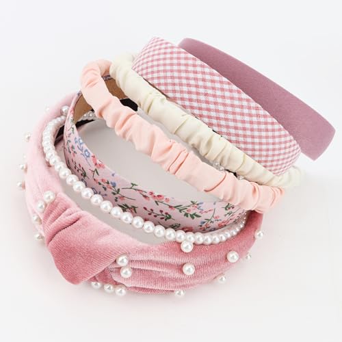 7 Pack Pink Headband for Women Girls Cute Headbands for Women Non Slip Pearl Beads Knotted Pink Head Bands Cute Accessories - color: Pink