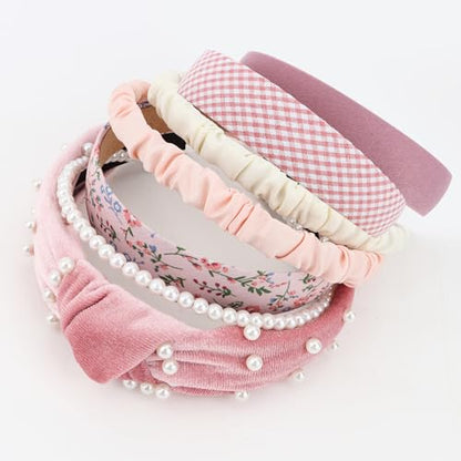 7 Pack Pink Headband for Women Girls Cute Headbands for Women Non Slip Pearl Beads Knotted Pink Head Bands Cute Accessories - color: Pink