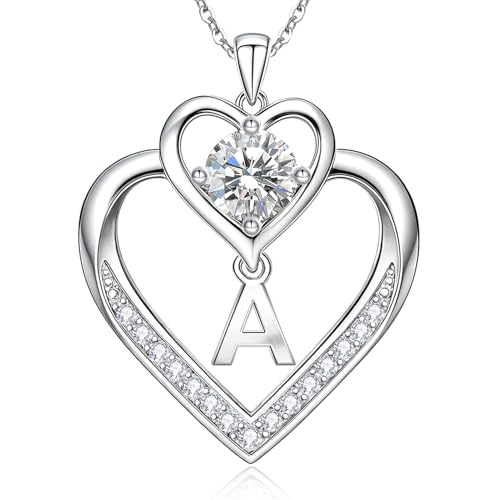 RIVIKO 1 Carat Moissanite Heart Initial Necklace for Women,Letter Pendant | 925 Sterling Silver Chain,Personalized Jewelry,Anniversary Birthday Gifts for Wife Friend Mom - color: Letter A