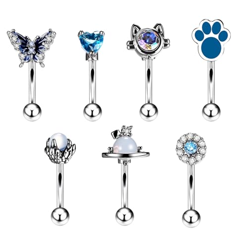 OIDEA 7PCS Eyebrow Piercing Jewelry: 16G Stainless Curved Barbell Eyebrow Ring Vertical Labret Lip Ring Piercing Jewelry - color: silver-2
