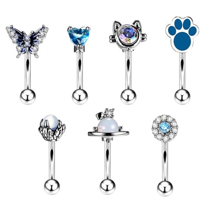 OIDEA 7PCS Eyebrow Piercing Jewelry: 16G Stainless Curved Barbell Eyebrow Ring Vertical Labret Lip Ring Piercing Jewelry - color: silver-2