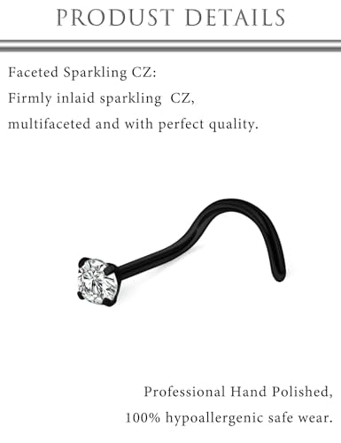 Hoeudjo Hypoallergenic Nose Rings Studs 24G Surgical Stainless Steel Cubic Zirconia Nose Studs for Women Men Screw & Bone & L Shaped Nostril Piercing Jewelry with 1.5mm 2mm 2.5mm 3mm CZ - color: black,screw nose studs