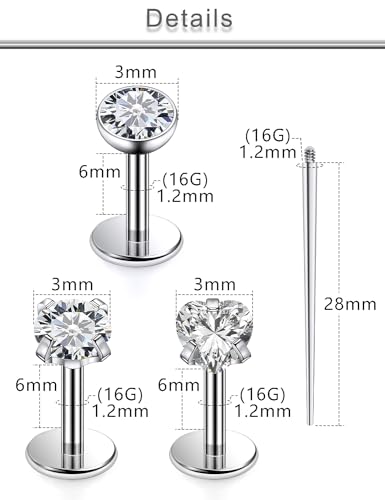 20G 18G 16G F316 Titanium Flat Back Nose Rings Studs Hypoallergenic Screw on Tragus Helix Cartilage Earrings Stud Piercing Jewerly for Women Men Bars 6mm - style: 16G Flat Back Nose Studs-bars 6mm